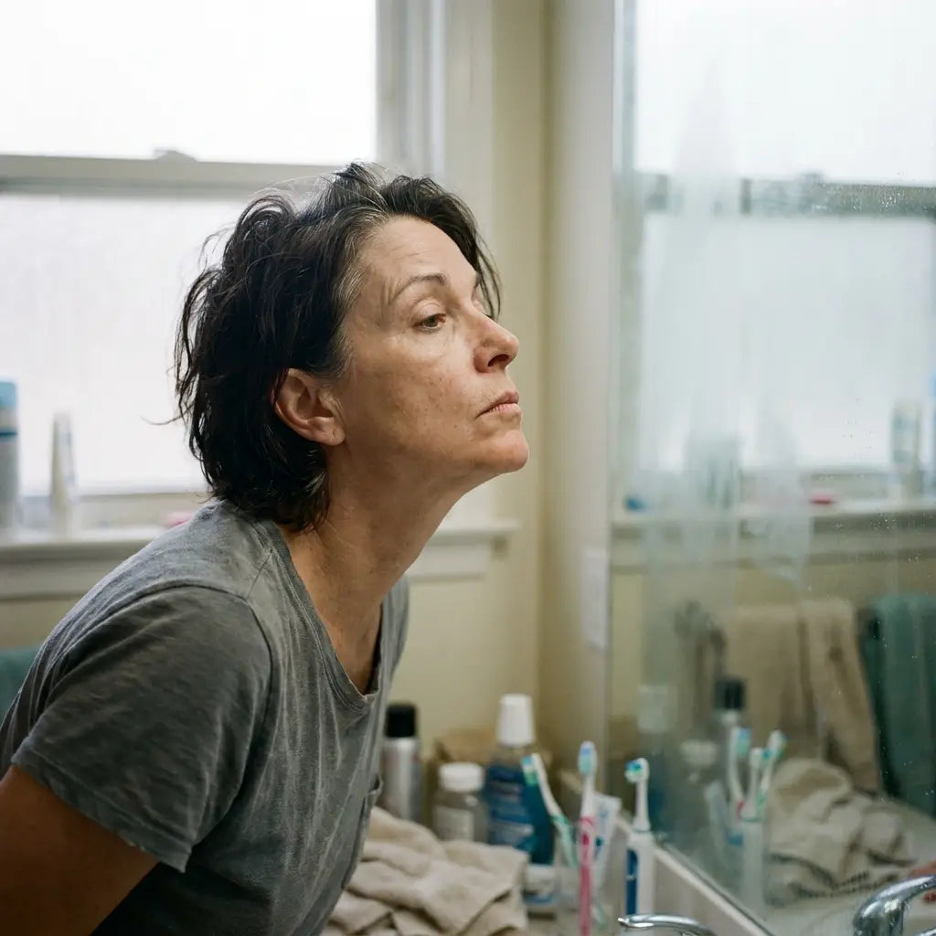A woman studying her jawline in the bathroom mirror