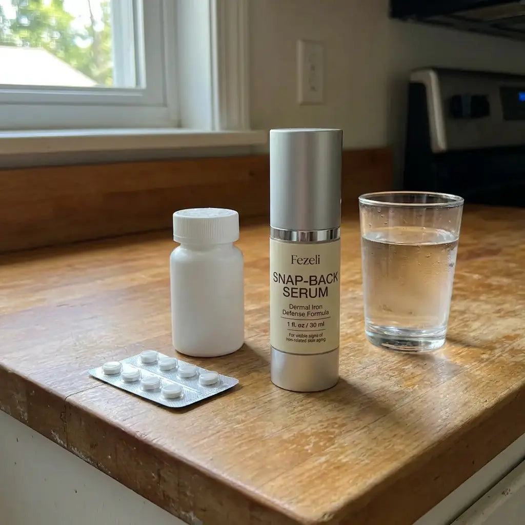 Prescription medication on the counter beside the serum