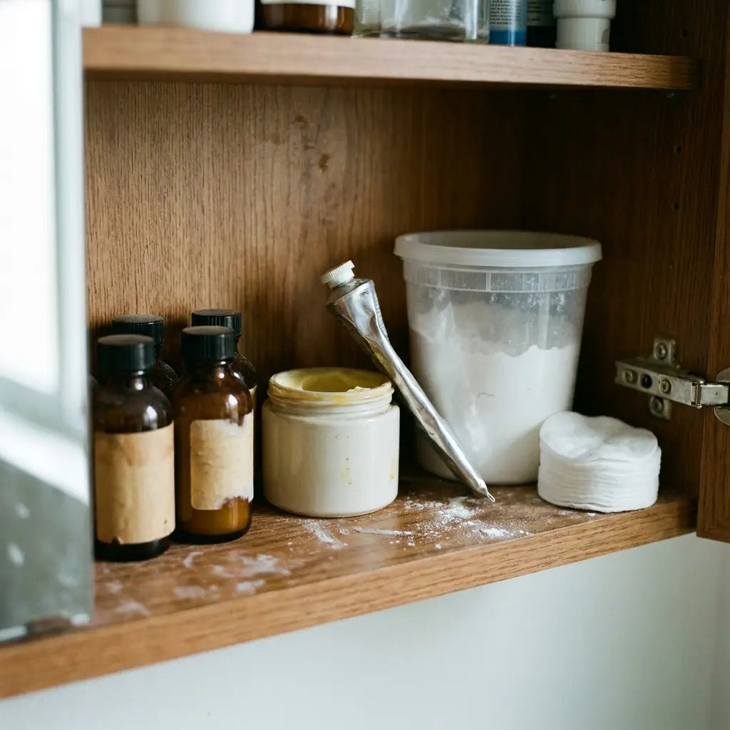 A cabinet of half-used skincare products