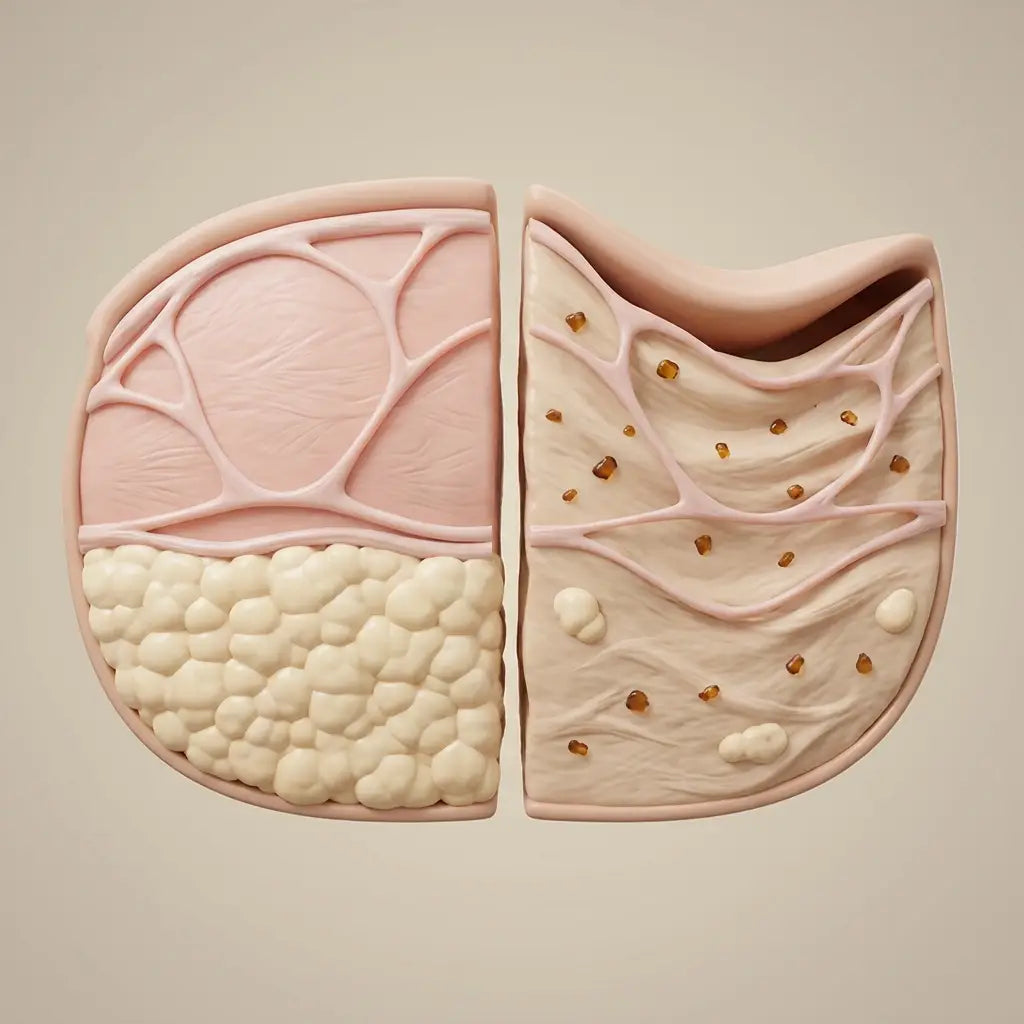 Fat cushion removed, revealing the weakened collagen scaffold beneath