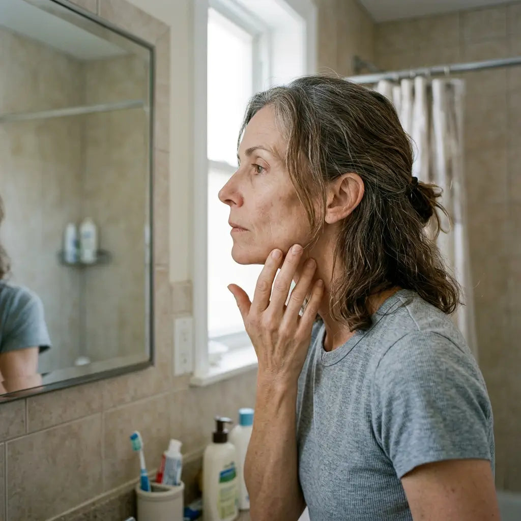 Studying the line of her jaw in the mirror