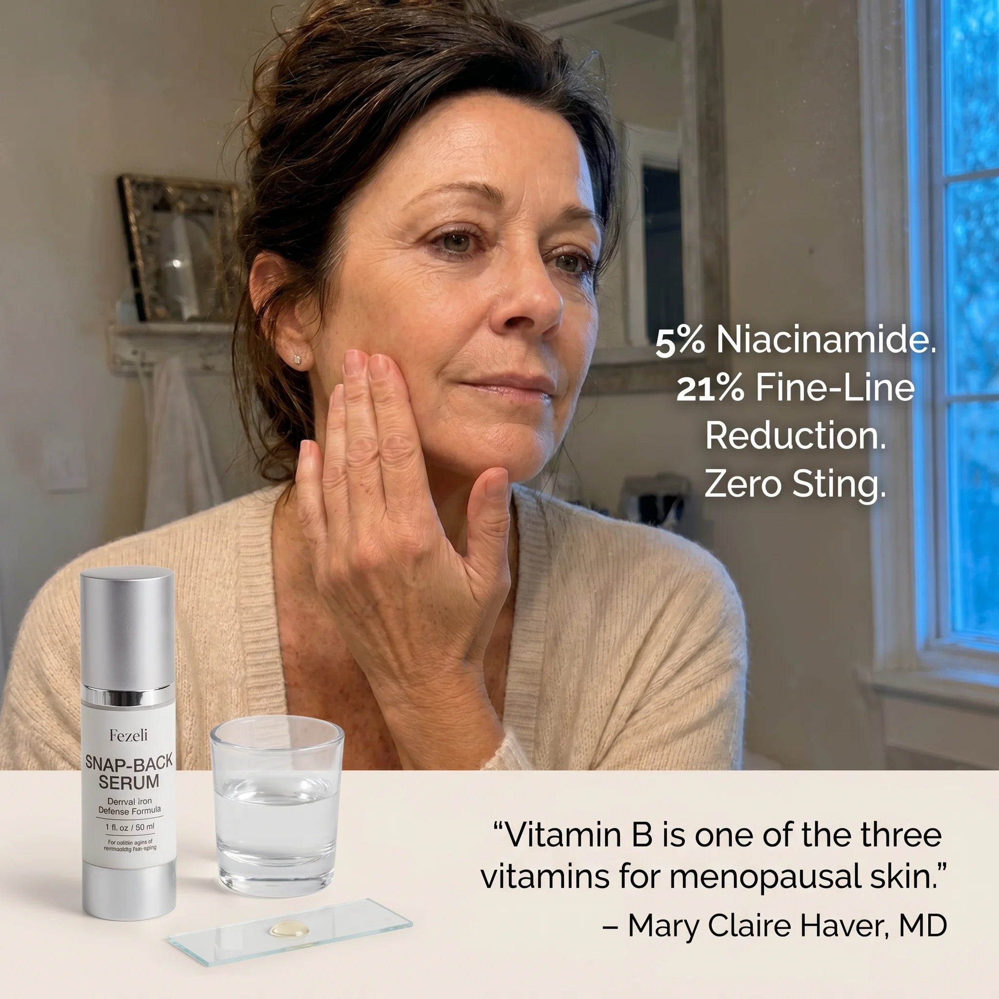 5% niacinamide formulation — rebuilds thin, crepey skin below the jaw