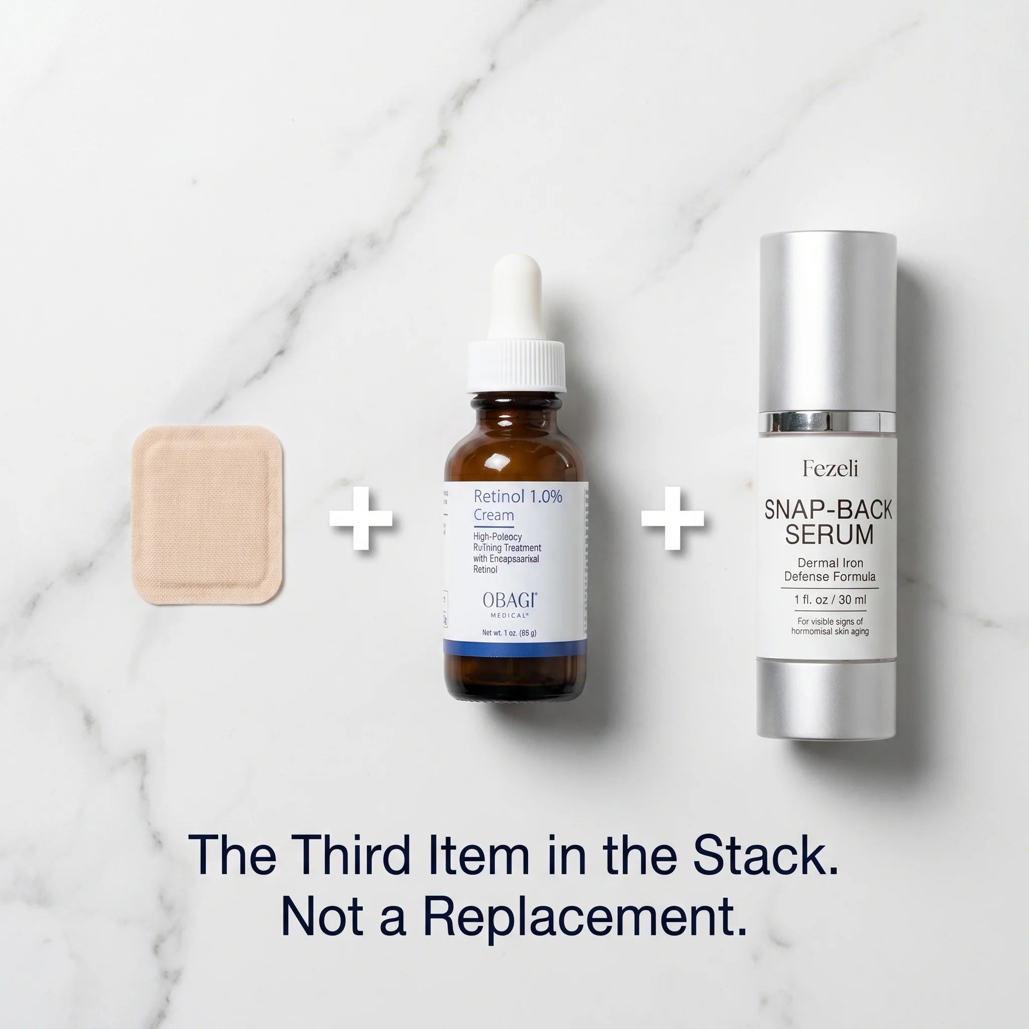 Flat-lay — HRT patch + tretinoin + Snap-Back. The third item in the stack, not a replacement.