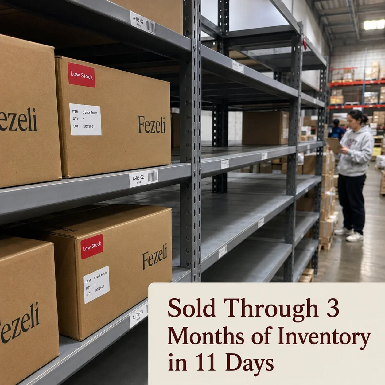 Warehouse shelves with low-stock tags — sold through 3 months of inventory in 11 days
