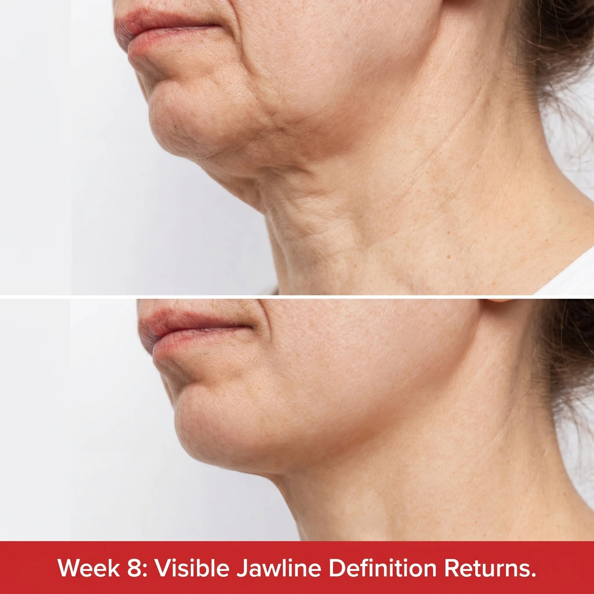Side-profile before/after — jawline definition returns by Week 8