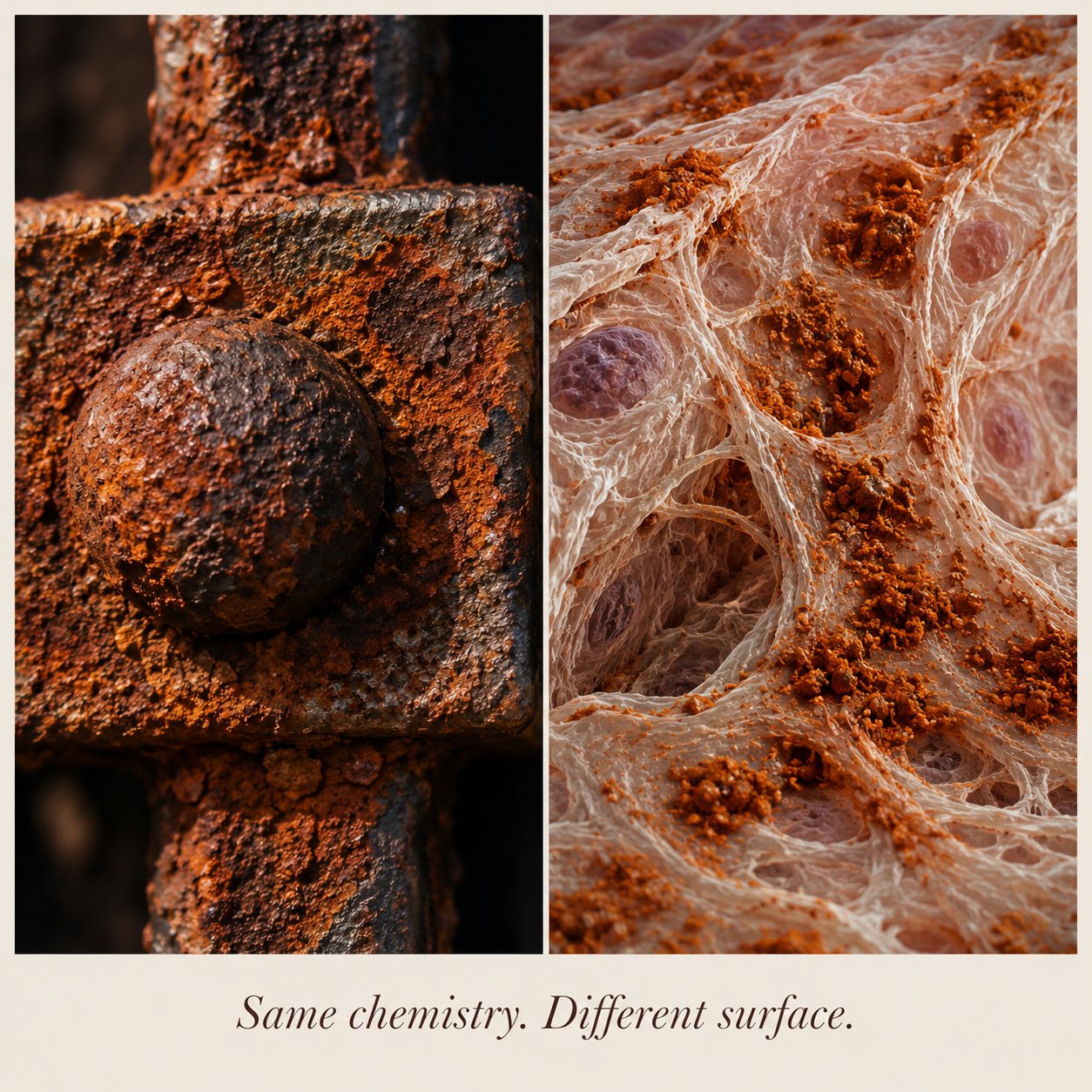 Side-by-side macro — iron rust on metal vs iron rust on dermal collagen fibres. Same chemistry. Different surface.