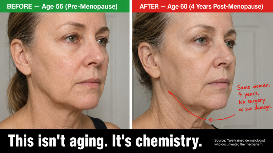 Before and after — same woman, age 56 pre-menopause vs age 60 post-menopause. This isn't aging, it's chemistry.