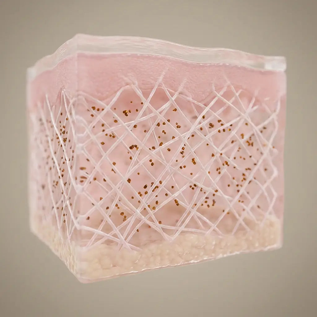 Skin cross-section showing iron accumulation among collagen fibres