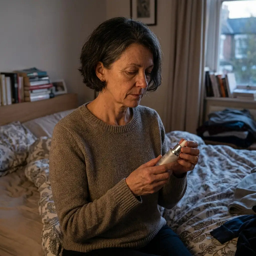 A woman sitting quietly on the edge of her bed holding the bottle