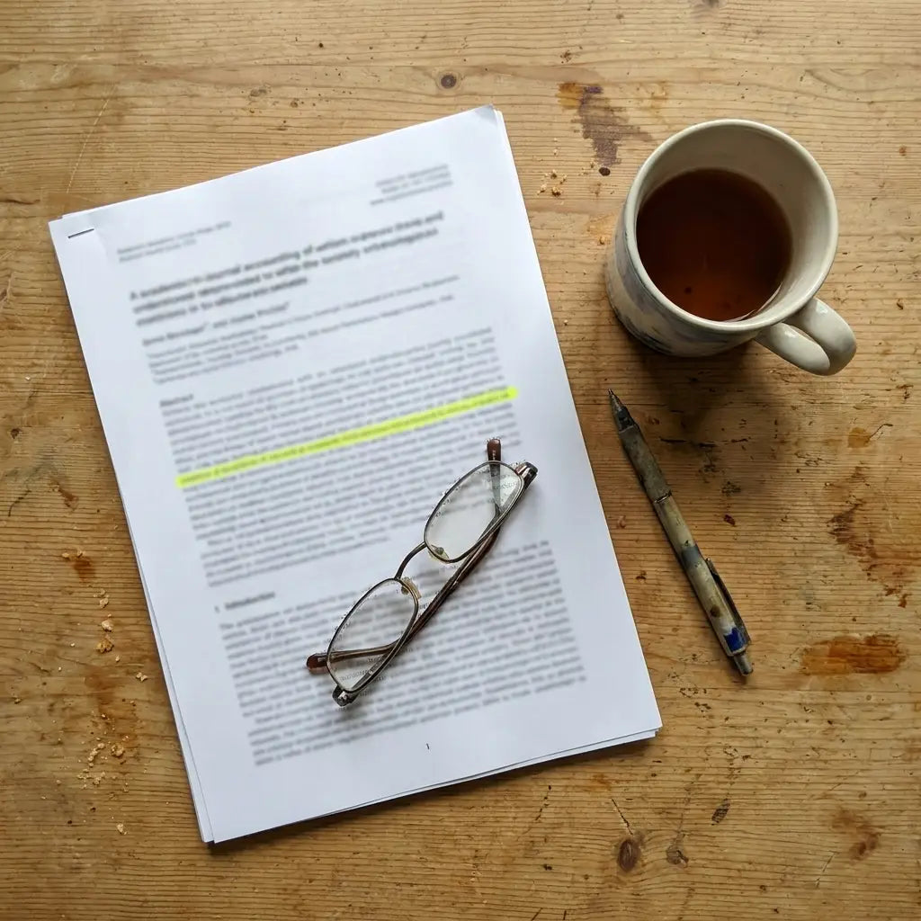 A printed journal article with a highlighted line and reading glasses