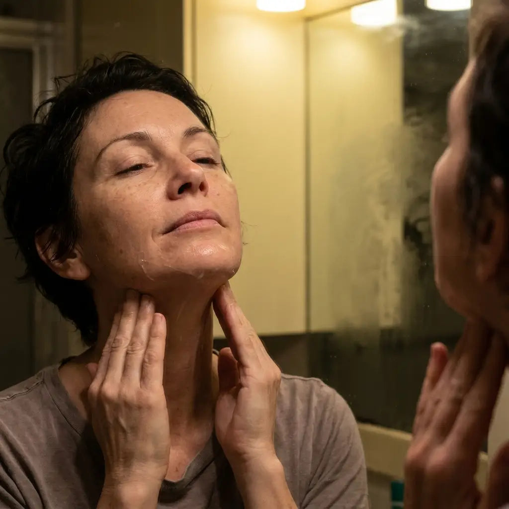Applying the serum along the jawline and neck at night