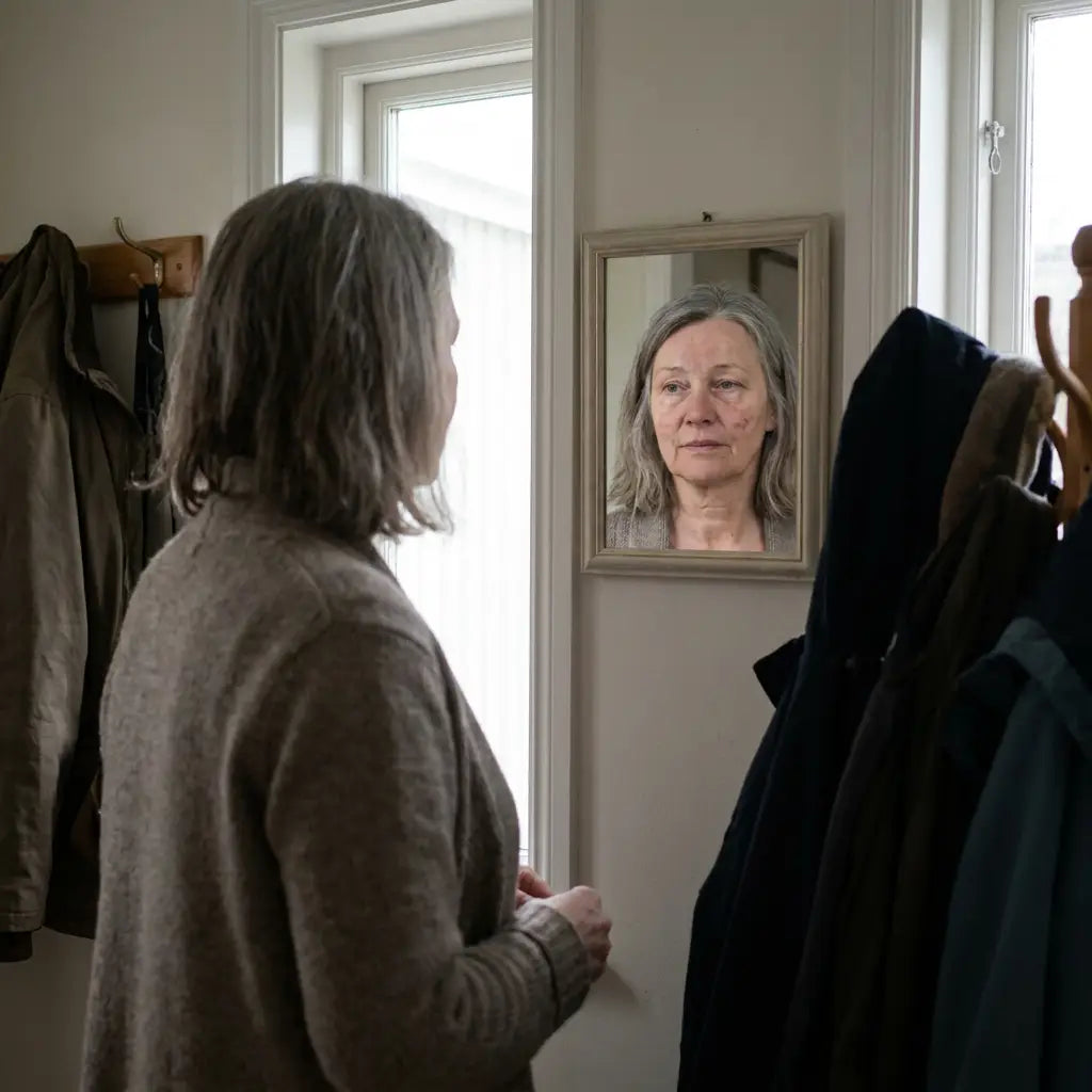 A woman catching sight of herself in a hallway mirror