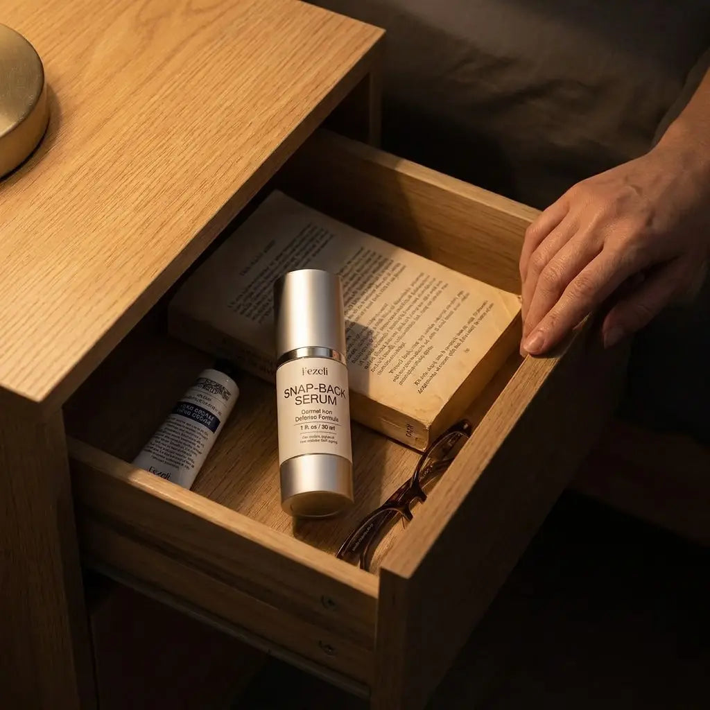 The serum tucked discreetly in a bedside drawer