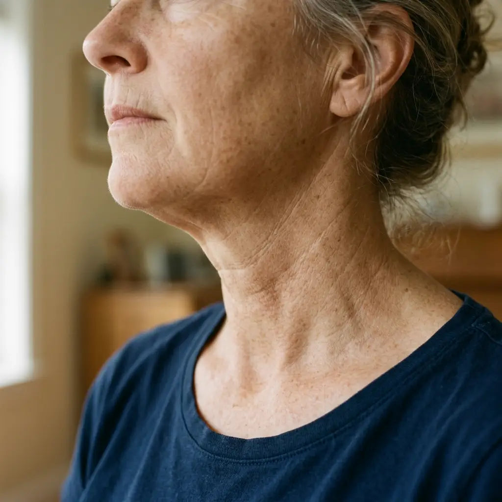 The jawline and neck of a woman in her sixties