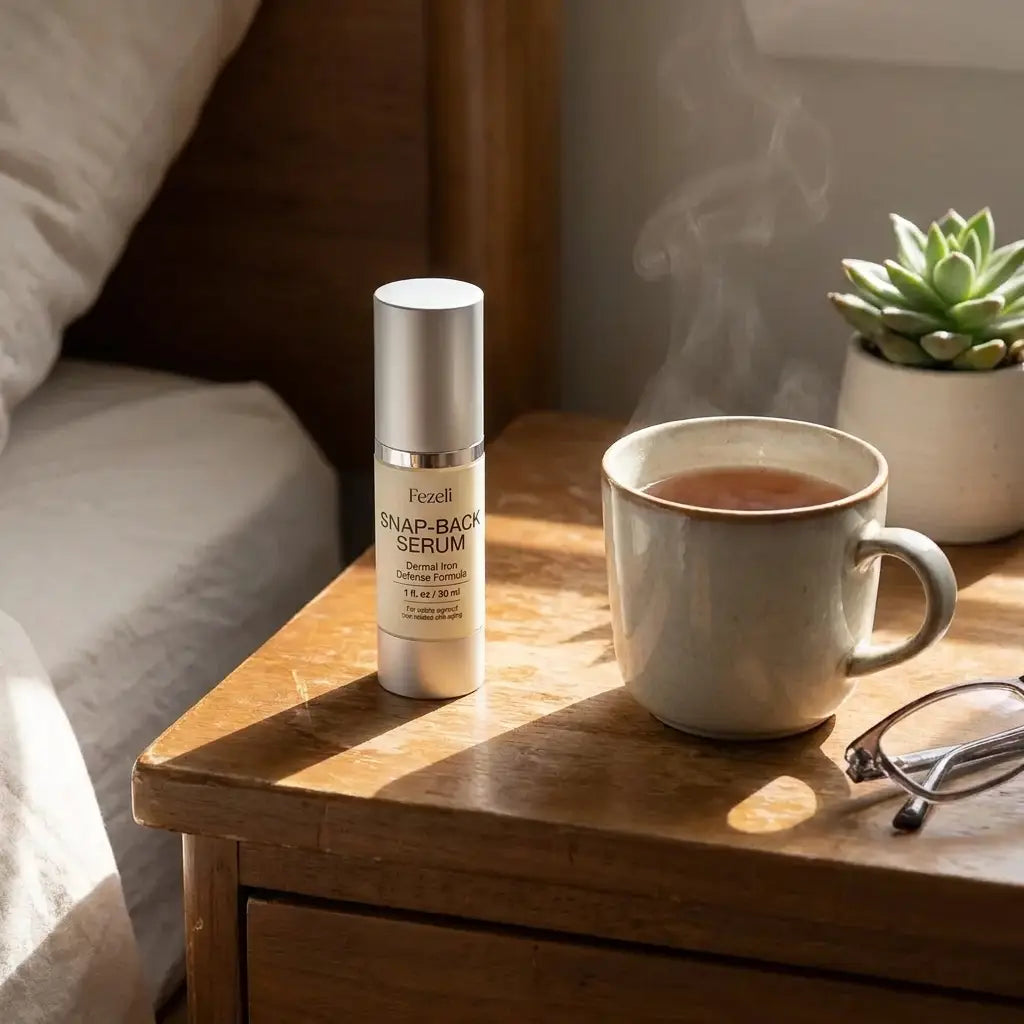 The serum on a nightstand in morning light