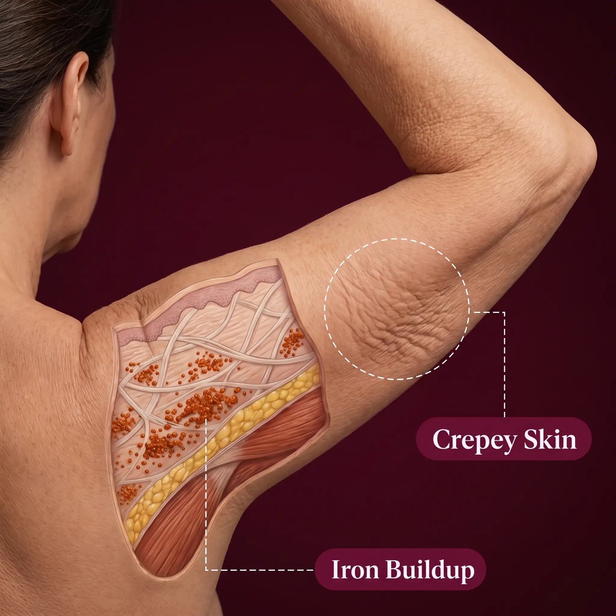 Illustration of iron buildup in the dermis beneath crepey upper-arm skin