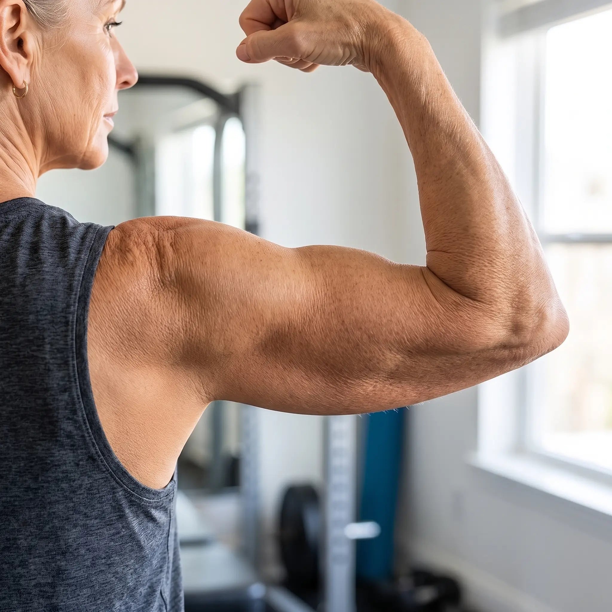 A woman flexing a firm bicep while the skin over it stays loose
