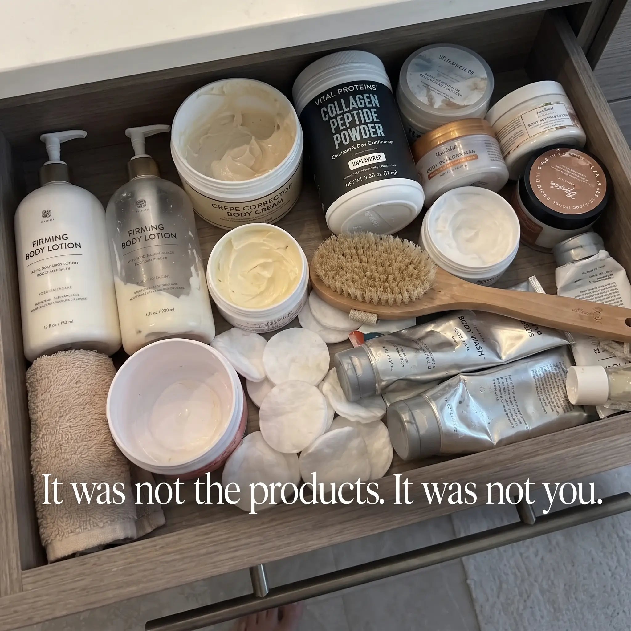 A cupboard of half-used body lotions and firming creams