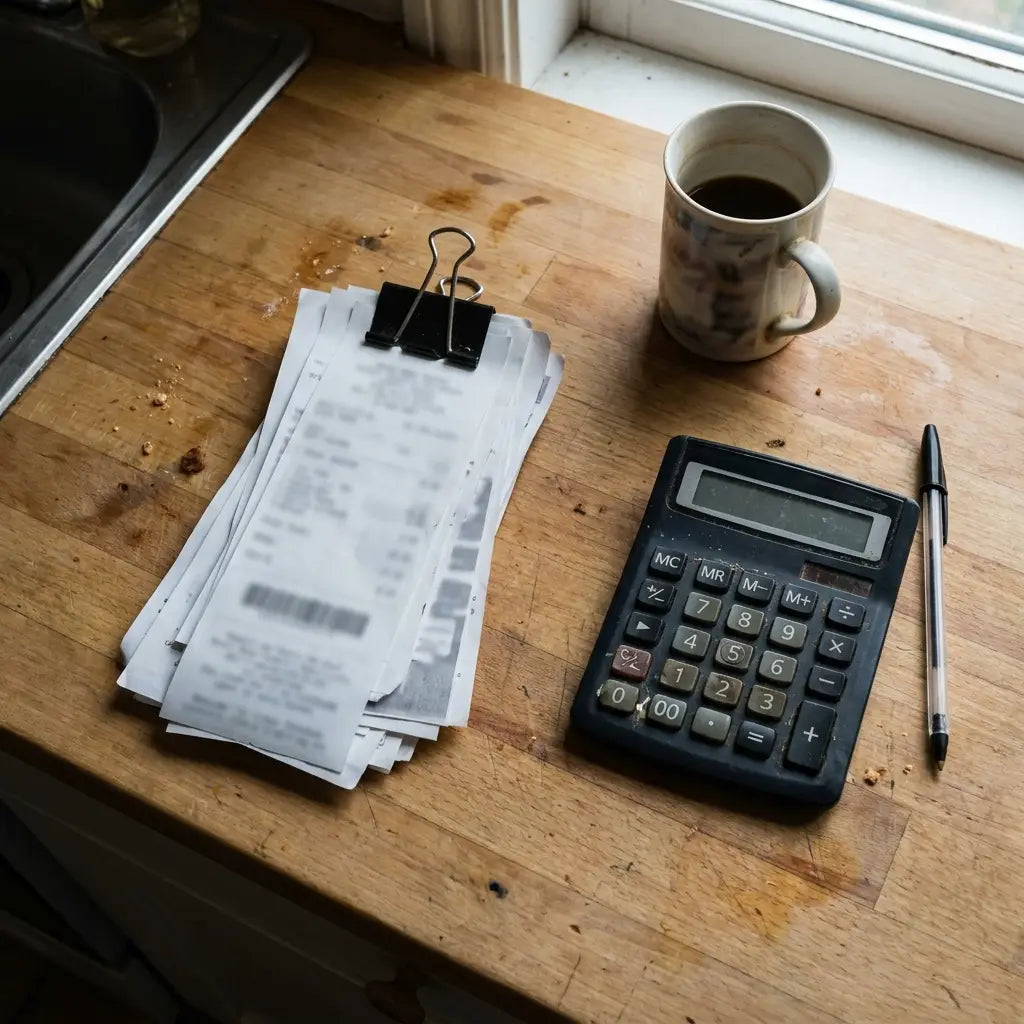 A stack of clinic invoices and a calculator