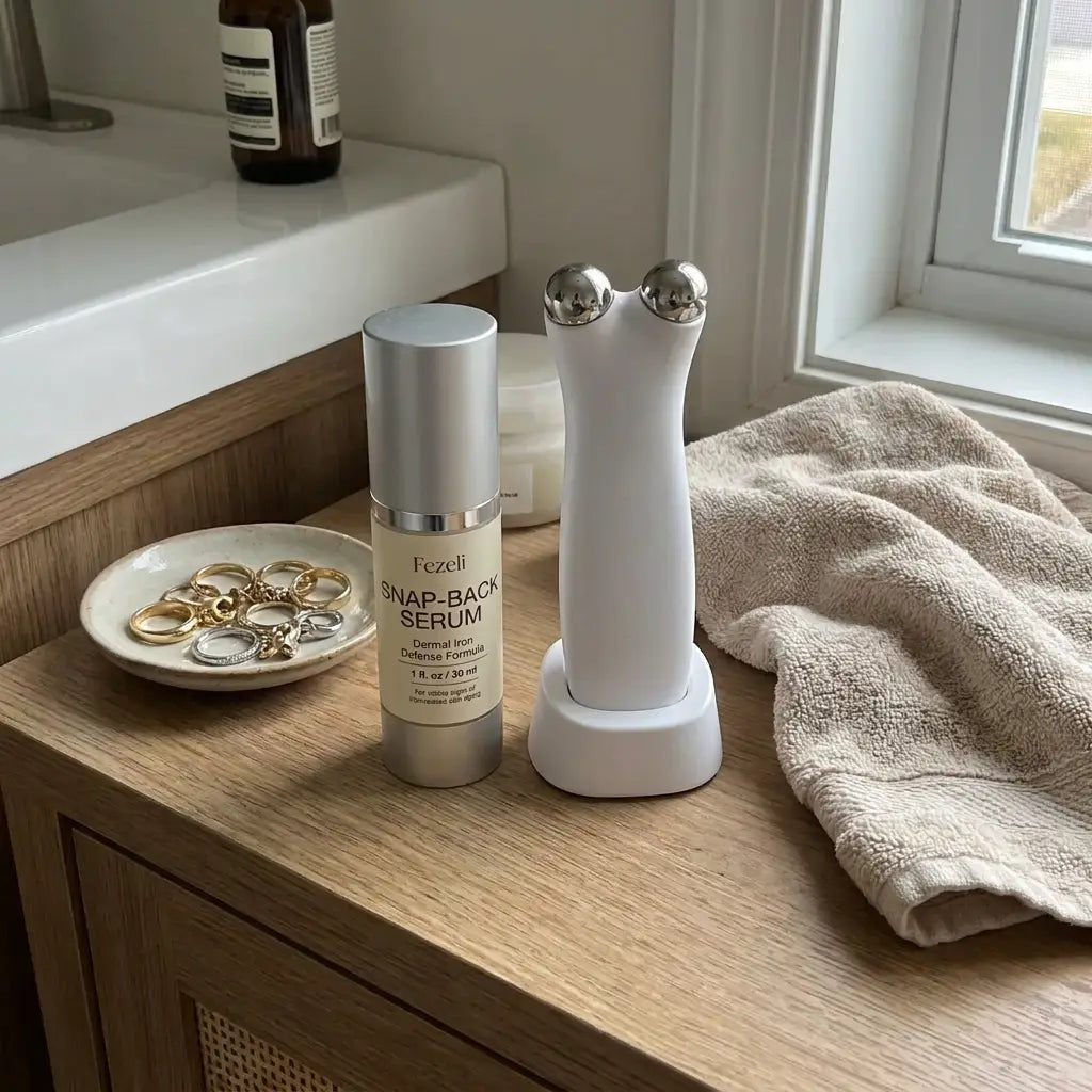 A microcurrent device beside the serum on a vanity