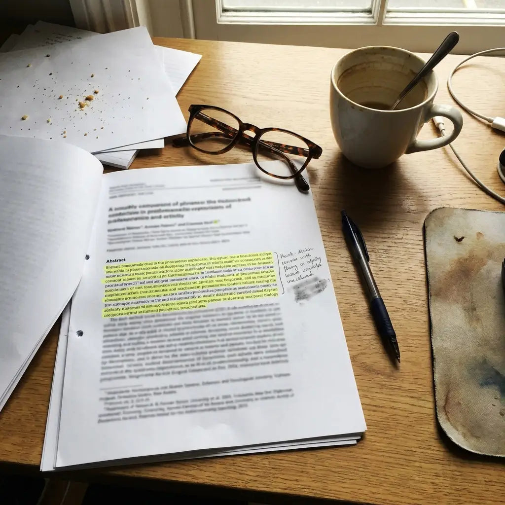 A journal article with a highlighted passage and a margin note