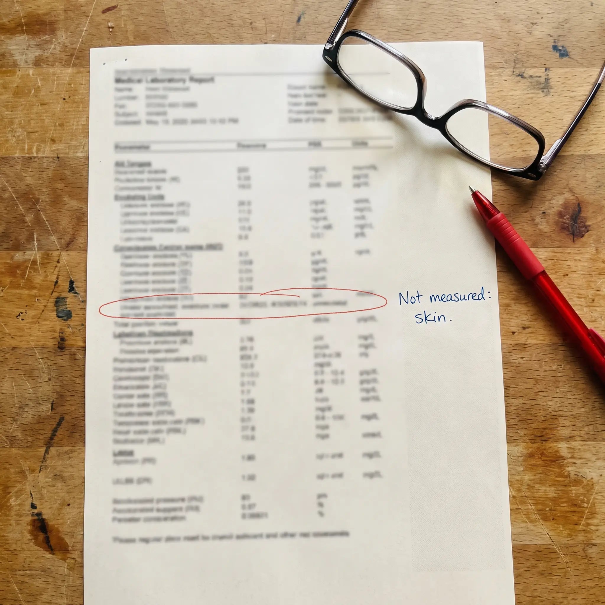 A lab results page with one line circled and a handwritten note reading not measured: skin