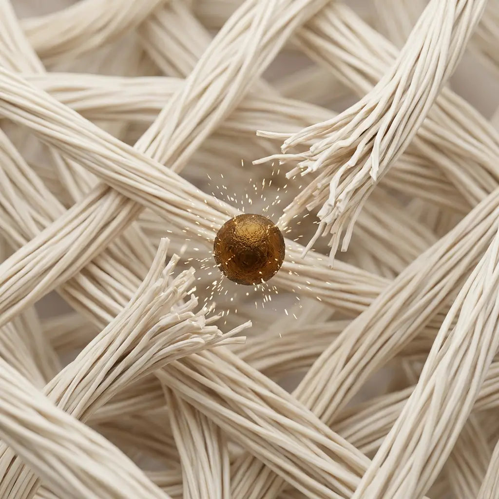 An iron particle among collagen fibres with oxidative damage radiating outward