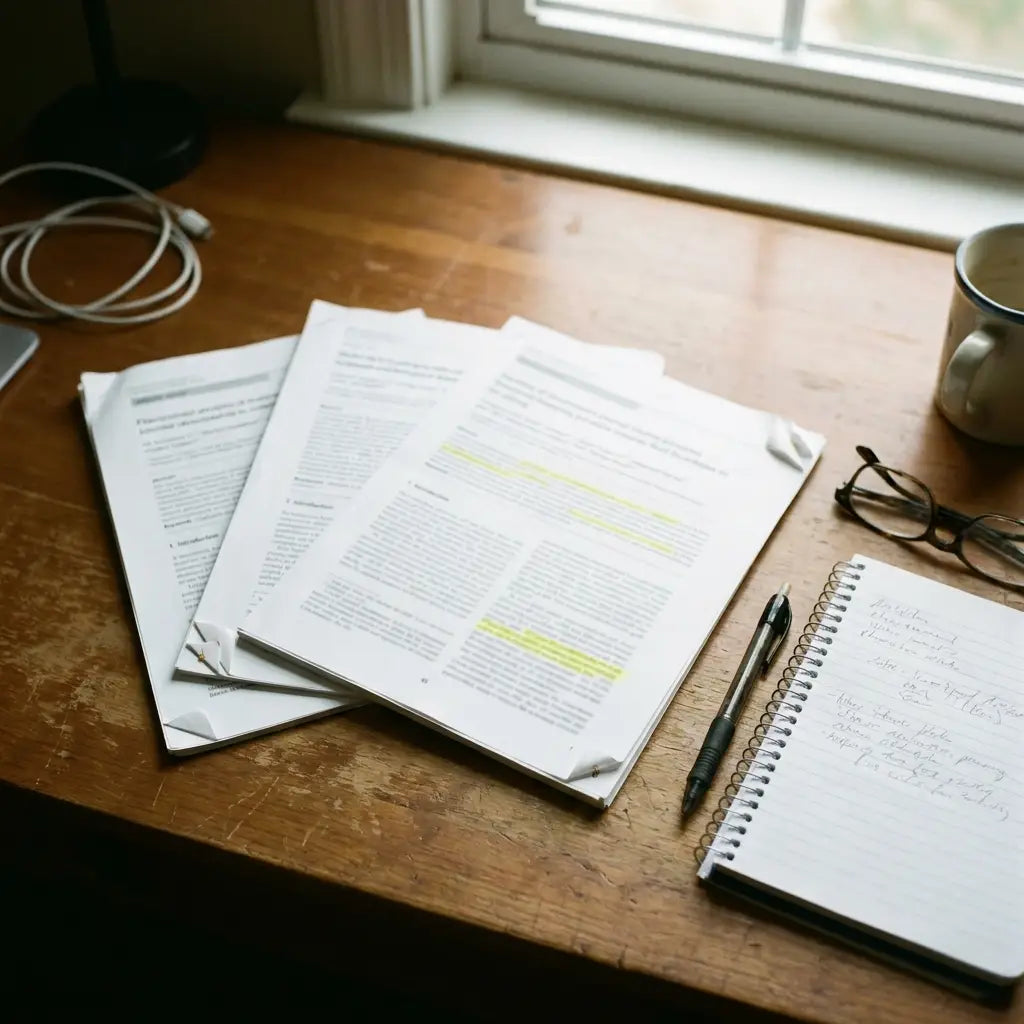 Printed journal pages with highlighted passages and reading glasses