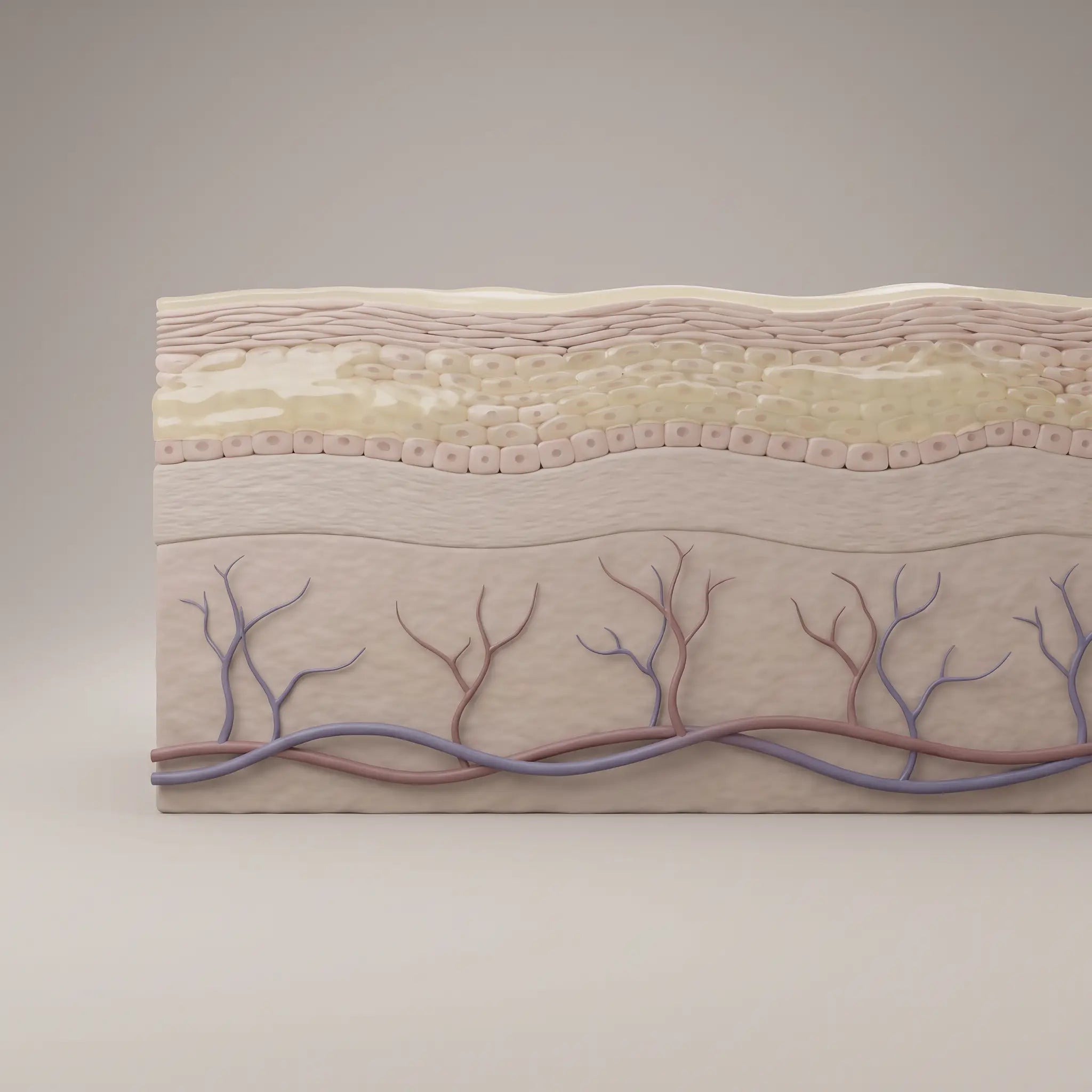 Cross-section showing the formula in the upper skin layers only, the deeper vessel layer untouched