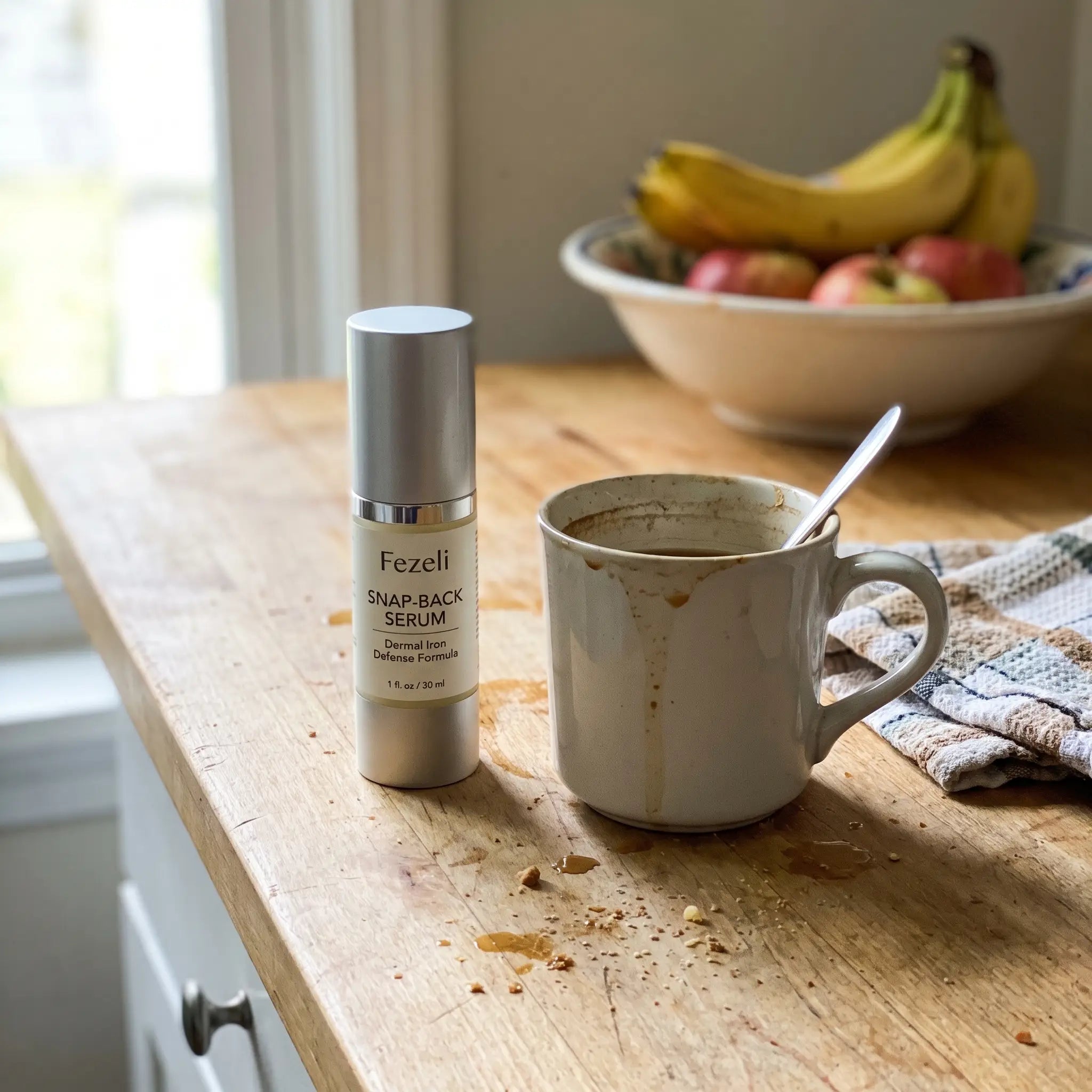 The serum on a kitchen counter beside a coffee cup in morning light