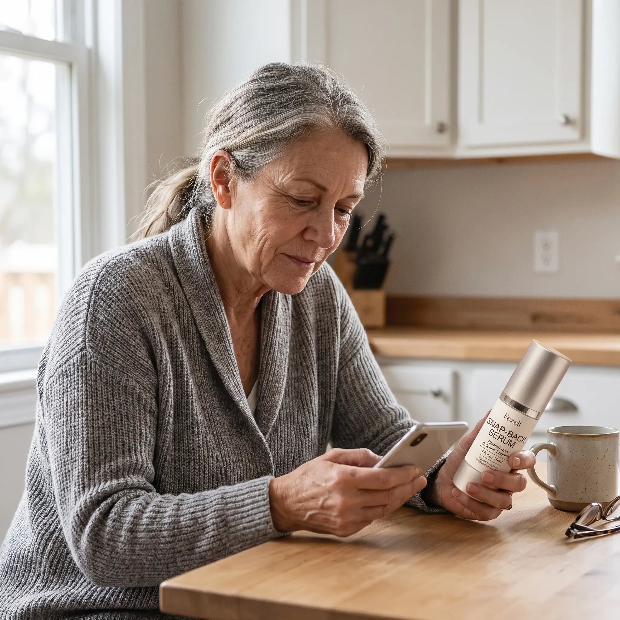 A woman at her kitchen table in morning light, serum in hand, reading on her phone