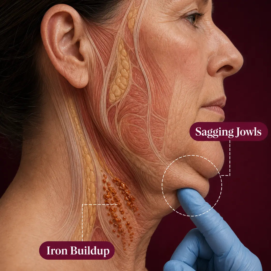 Illustration of iron buildup beneath the skin and sagging jowls