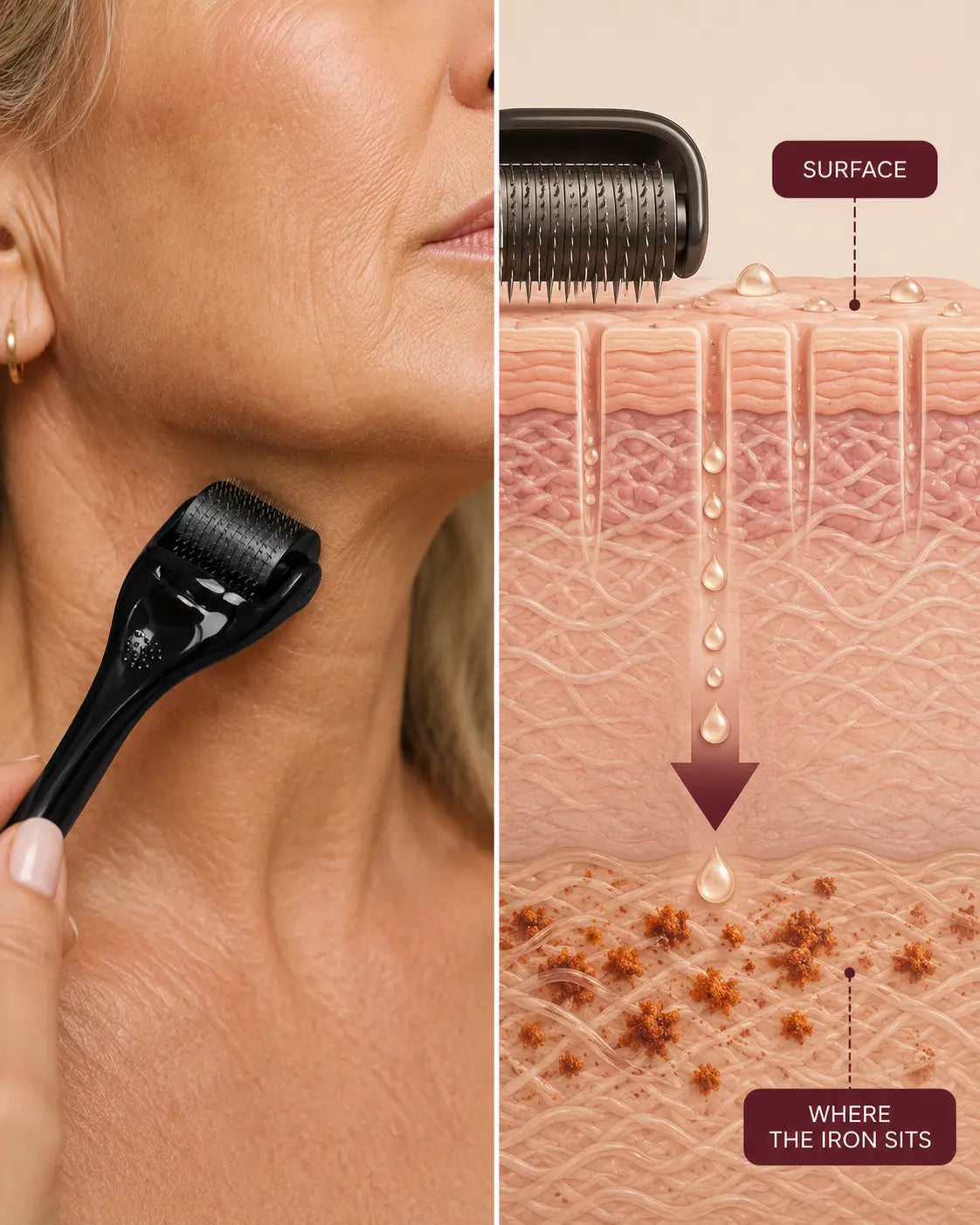 The micro-channel roller in use, and how the serum reaches the layer where the iron sits